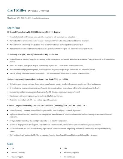 Divisional Controller Resume