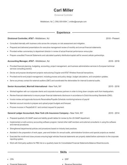 Divisional Controller Resume