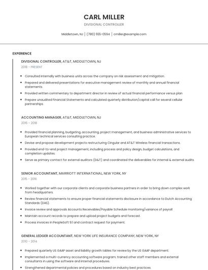 Divisional Controller Resume