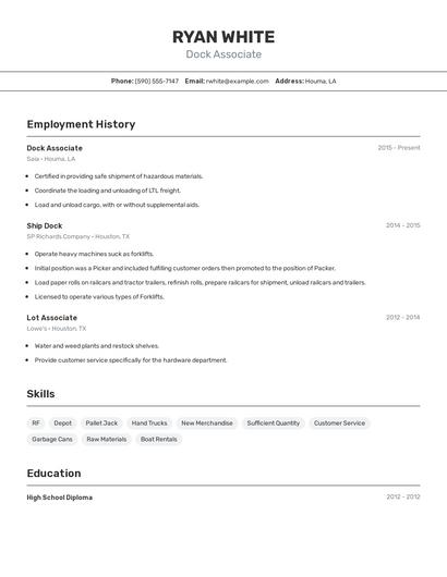 Dock Associate Resume
