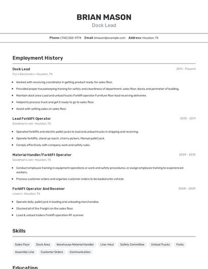 Dock Lead Resume
