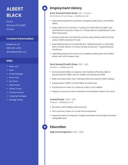 Dock Worker/Forklift Driver Resume