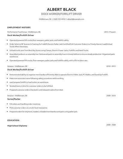 Dock Worker/Forklift Driver Resume