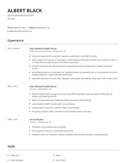 Dock Worker/Forklift Driver Resume