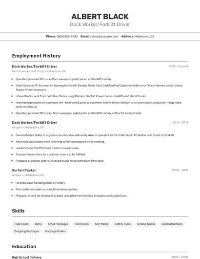 Dock Worker/Forklift Driver Resume