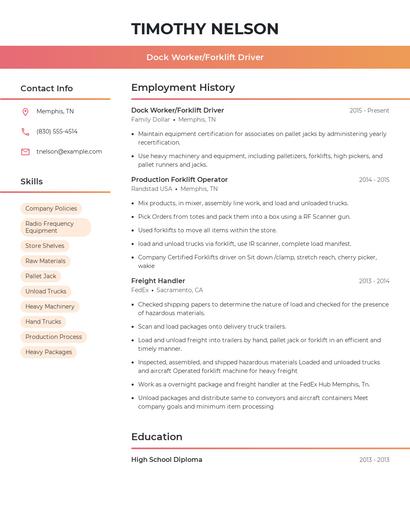 Dock Worker/Forklift Driver Resume