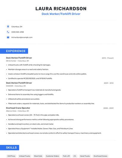 Dock Worker/Forklift Driver Resume