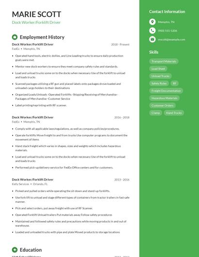 Dock Worker/Forklift Driver Resume