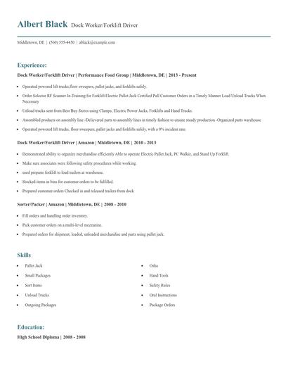 Dock Worker/Forklift Driver Resume