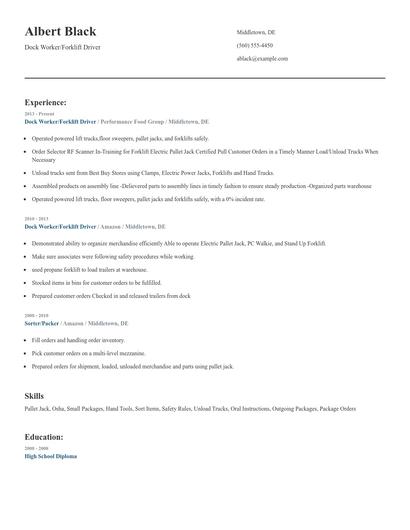 Dock Worker/Forklift Driver Resume