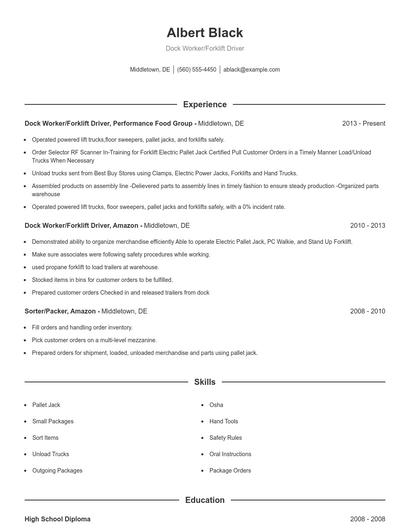 Dock Worker/Forklift Driver Resume