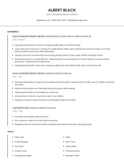 Dock Worker/Forklift Driver Resume