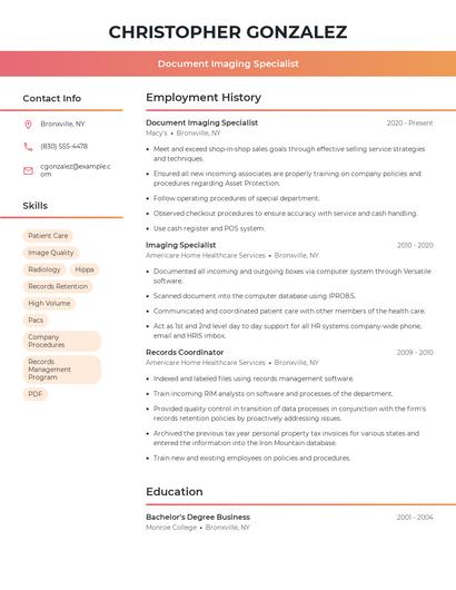 Document Imaging Specialist Resume