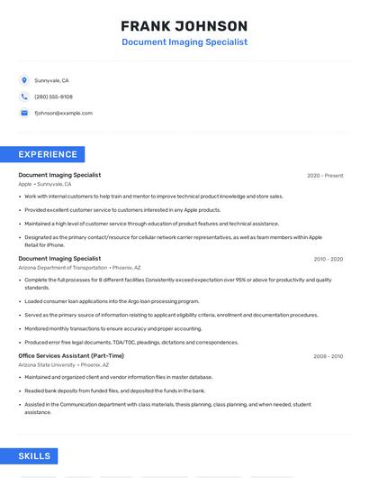 Document Imaging Specialist Resume