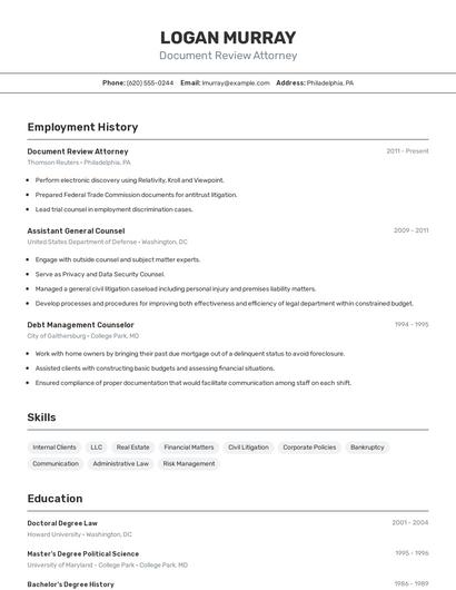 Document Review Attorney Resume