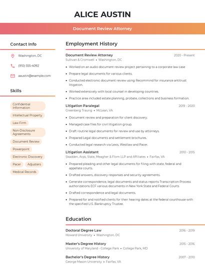 Document Review Attorney Resume