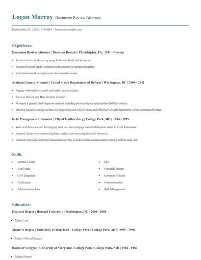 Document Review Attorney Resume