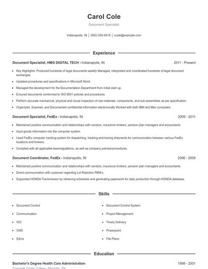 Document Specialist Resume
