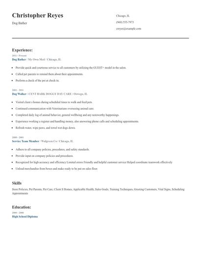 Dog Bather Resume