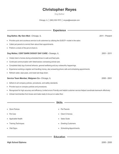 Dog Bather Resume