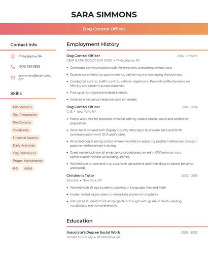 Dog Control Officer Resume