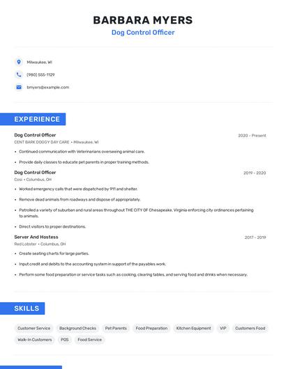Dog Control Officer Resume