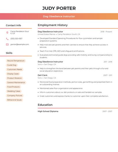 Dog Obedience Instructor Resume
