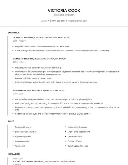 Domestic Engineer Resume