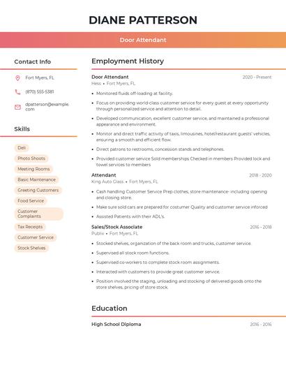 Door Attendant Resume