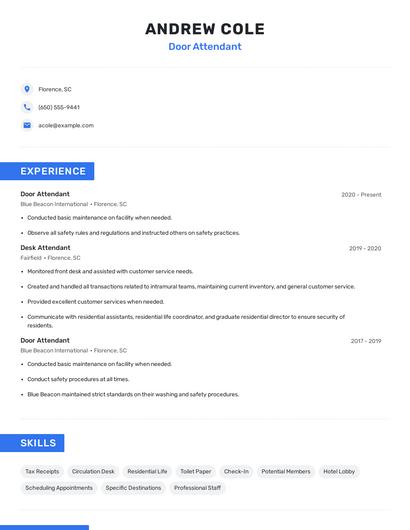 Door Attendant Resume