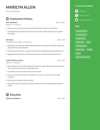 Door Attendant Resume