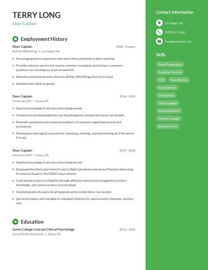 Door Captain Resume