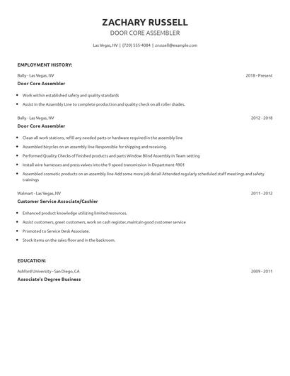 Door Core Assembler Resume