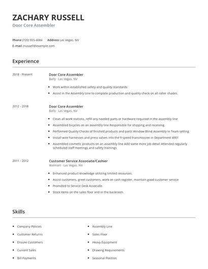 Door Core Assembler Resume