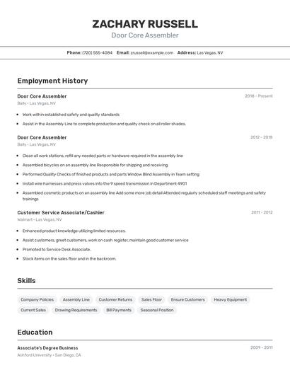 Door Core Assembler Resume