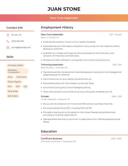 Door Core Assembler Resume