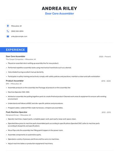 Door Core Assembler Resume
