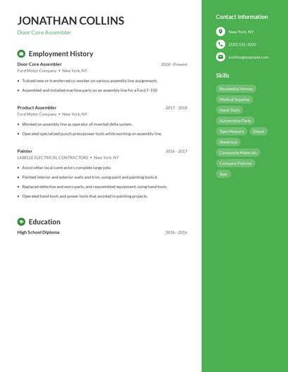 Door Core Assembler Resume