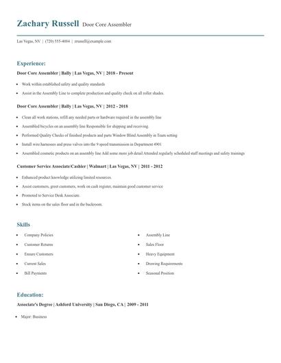 Door Core Assembler Resume