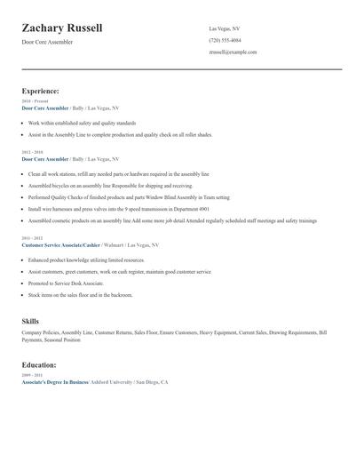 Door Core Assembler Resume