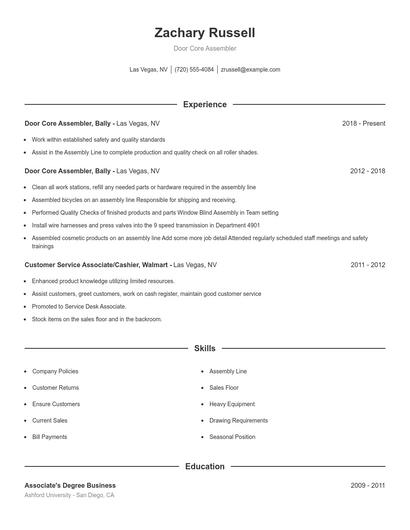 Door Core Assembler Resume