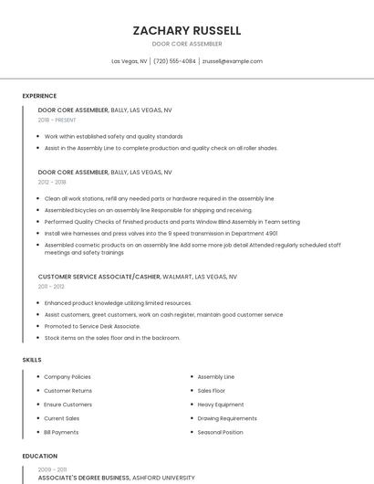 Door Core Assembler Resume