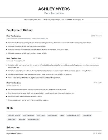 Door Technician Resume