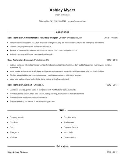 Door Technician Resume