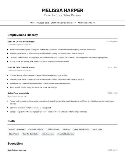 Door To Door Sales Person Resume