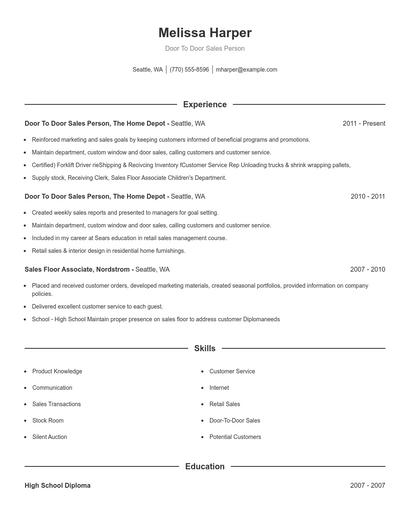 Door To Door Sales Person Resume