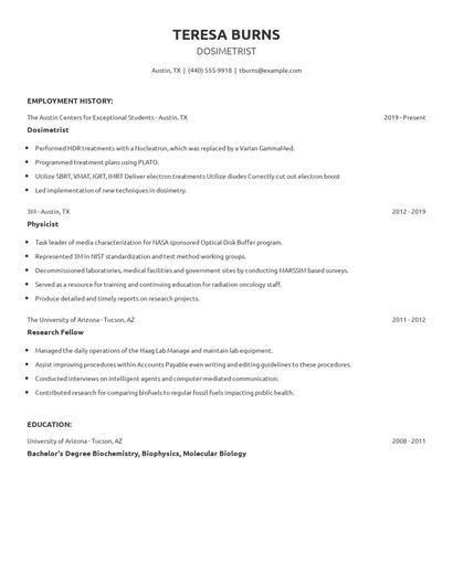 Dosimetrist Resume