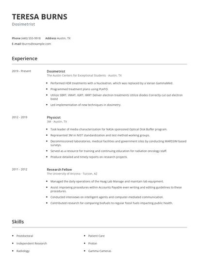 Dosimetrist Resume