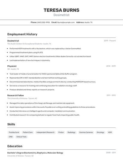 Dosimetrist Resume