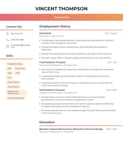 Dosimetrist Resume